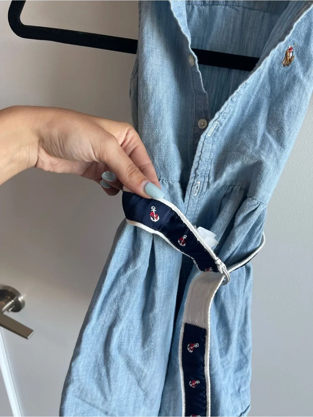 Polo Ralph Lauren Nautical Light Blue Denim Sleeveless Shirt Dress Navy Belt